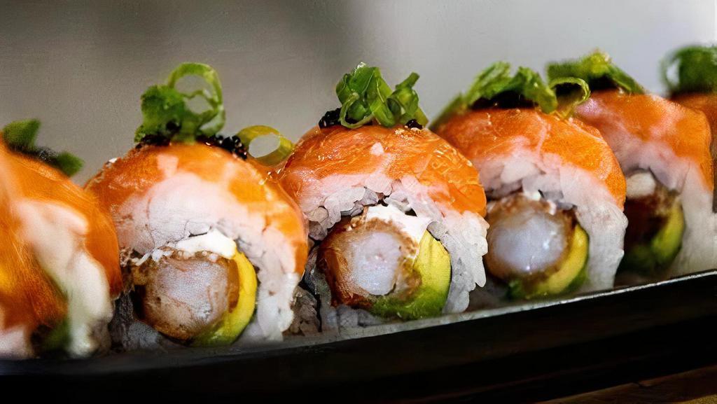 Seattle  Roll  (8) · Top with salmon, scallion, tobiko, Inside is Tempura Shrimp, Avocado, Cream Cheese