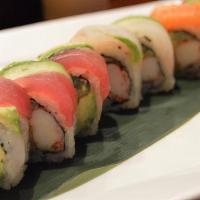 Rainbow Roll (8) · California roll, 4 kind of fish , white fish, yellowtail, salmon, tuna, top with avocado