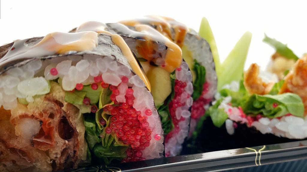 Spider Roll · Soft shell crab, cucumber, avocado, lettuce and eel sauce