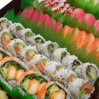 Sushi Tray Combination A · California roll, salmon roll, tempura roll, 6 slices of salmon, 6 slices of octopus, 6 slice...