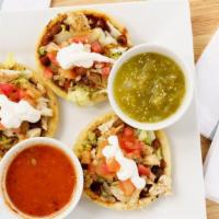 Sopes Mexicanos (Orden De 3) · A thick round corn tortilla with beans choice of any meat,onions,cillantro,tomatoes,topped w...