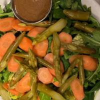 Mixed Green Salad · Spinach, Arugula, Romaine,  pickled carrots, and marinated seasonal veggies with house made ...