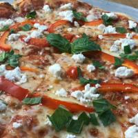 Goat Cheese, 12 Inch · Mozzarella, goat cheese, fresh rosemary, red bell pepper, tomato sauce.