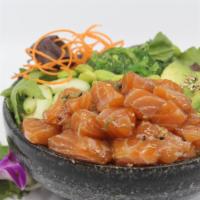 Poké Salmon Salad Bowl · Choice of protein with salad base, pickled cucumber, avocado, carrot, red cabbage, edamame, ...