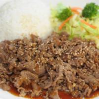 Beef Bulgogi (Teriyaki) · Gluten free. Thinly sliced marinated rib-eye beef.