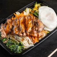 Bibimbop · Gluten free. Assorted veggies topped over rice with your choice of chicken or beef bulgogi.