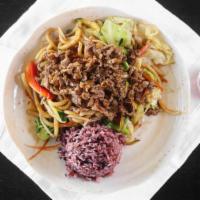 Yaki Udon · Pan fried udon noodles (thick wheat noodles) with sprouts, cabbage, broccoli, zucchini, gree...