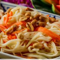 Papaya Salad · Spicy. Fresh green papaya, carrots, and tomatoes topped with peanuts in a house special sauce.