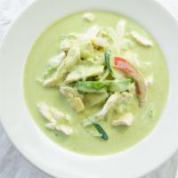 Green Curry · Gluten free. Spicy. Coconut milk, lime leaf, bell peppers, bamboo, onions, zucchini, lime le...