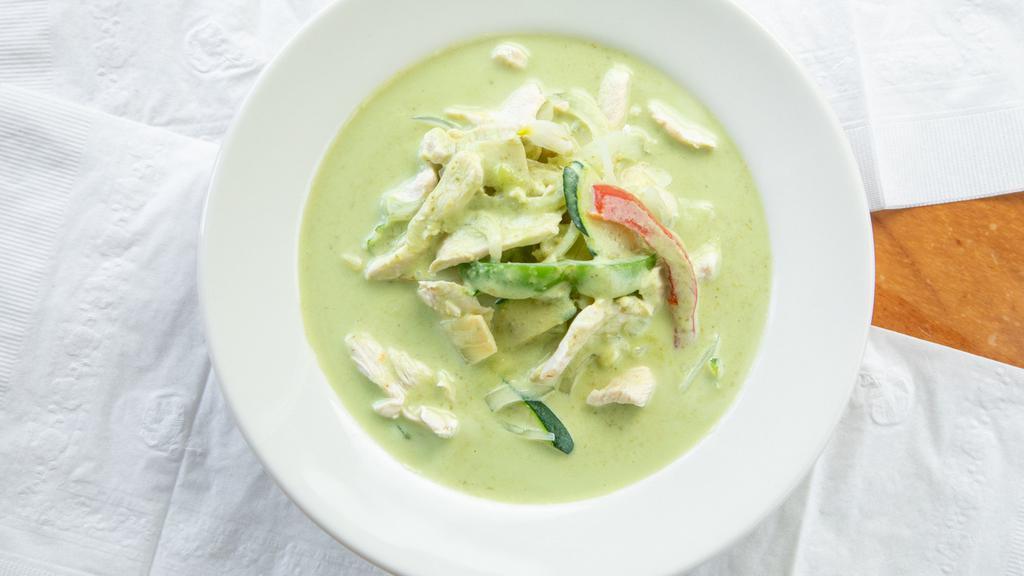 Green Curry · Gluten free. Spicy. Coconut milk, lime leaf, bell peppers, bamboo, onions, zucchini, lime leaf.