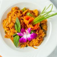 Drunken Noodles · Wide noodles with eggs, bell pepper  , onion and basil cooked in our special Drunken sauce.
