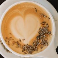 Honey Lavender Latte · double shot of espresso mixed with our organic honey and lavender syrup and alternative milk.