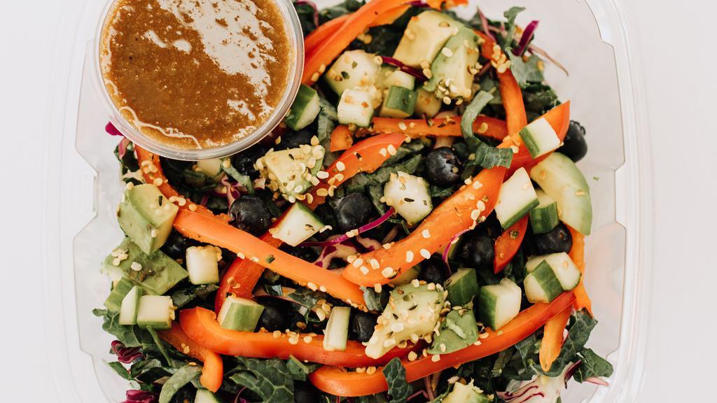 You'Re Kale' In Me, Smalls Salad · kale, cabbage, bell pepper, seasonal fruit, cucumber, avocado, hemp, apple based oil-free dressing.