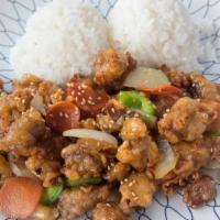 Honey Chicken · Breaded deep fried chicken with onions, bell peppers, and carrots in a sweet savory honey sa...