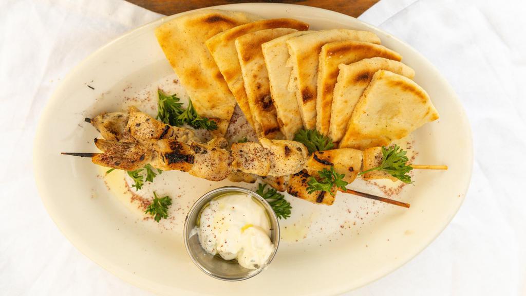6 Skewers · Choice of chicken, pork, lamb-pork or veggie served with a pita and choice of tzatziki or harissa sauce.