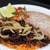 Carne Asada Plate · Grilled Steak garnished with grilled onions, and pico de gallo. Served with rice and beans.