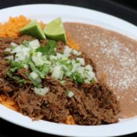 Birria Plate · Shredded slow-cooked birria style meat, served with beans, rice, and garnished with onions, ...