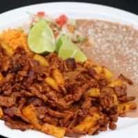 Pastor Plate · Spicy Pork cooked with pineapple served with pico de gallo, rice and beans.