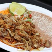 Carnitas Plate · Grilled Carnitas with onions, garnished with pico de gallo and lime. Served with rice and be...