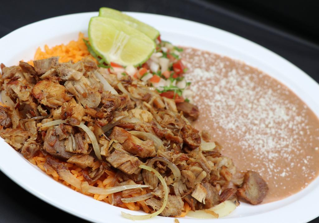 Carnitas Plate · Grilled Carnitas with onions, garnished with pico de gallo and lime. Served with rice and beans.