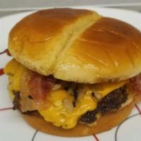 Bacon Cheeseburger · 2 smashed Premium Angus Beef patties, 2 slices of American cheese, Bacon, Grilled onions, Ma...