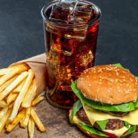 Hamburger + Fries + Drink · 1 smashed Premium Angus Beef Patty, Cave sauce, Lettuce, tomatoes, onions, seasoned fries an...