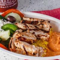 Grill Chicken Plate · Grill chicken breast, Kalos's hummus, rice, (Greek salad or vegetable), pita, and sauce.