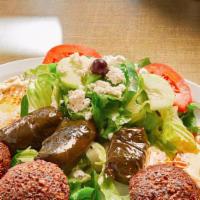 Sampler Plate · Combination of falafel, stuffed grape leaves, hummus, baba ganoush, salad, pita and Kalos's ...