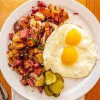 Corned Beef Hash · Gluten-free for an additional charge. House made corned beef, onions, bacon, potatoes, house...