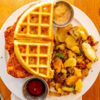 Chicken & Waffles · Fresh belgian waffle, fried chicken breast, cinnamon butter and potato home fries.