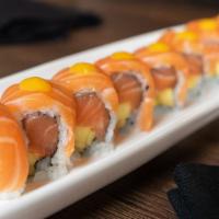 +6. Golden Roll · Salmon, cilantro, mango inside; salmon on top. Served with special sauce.