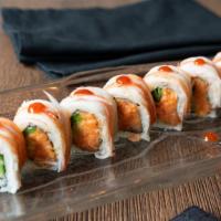 +4. Spicy Girl Roll · Spicy tuna, salmon, cucumber, jalapeño inside; crab meat on top with chili sauce.