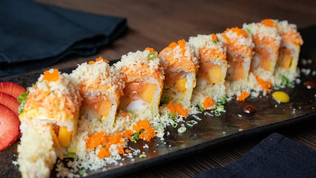 +10. Titanic Roll · Shrimp tempura, papaya, spicy tuna, avocado inside; spicy crab meat, crunch on top with soy bean paper. Served with special sauce.