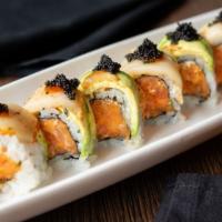 +7. Playboy Roll · Spicy salmon, crunchies inside; topped with lightly seared peppered white tuna (escolar), av...