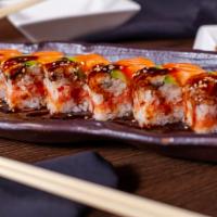 + 22. Hako Sushi · Spicy tuna topped with salmon, avocado and eel with eel sauce.