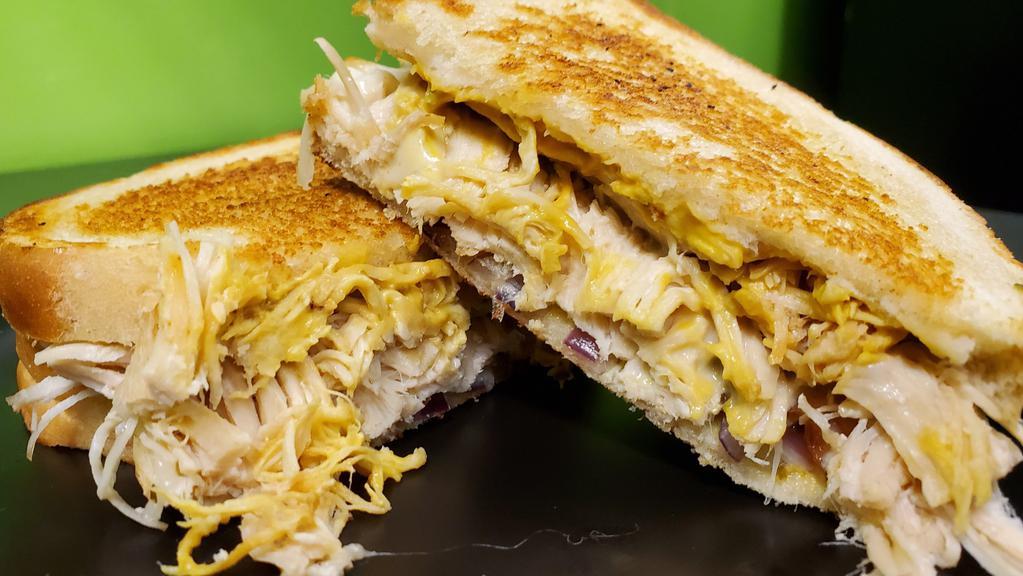 Fiesty Chicken · Pulled Chicken, Bacon, Onion, Avocado, Pepper Jack  & Jalapeno Mustard Choice Of  Grilled Bread.
