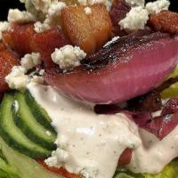 Baby Iceberg Wedge · Cucumber ribbons, Shaft's blue cheese, oven-roasted tomato, balsamic grilled red onion, Nues...