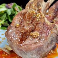 Taphouse Lamb Chops · Half rack grilled lamb, smoked paprika, piquillo pepper coulis, frisee, white quinoa almond ...