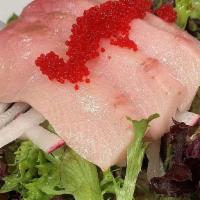 Sliced Hamachi Salad · Mixed greens, cilantro, shallot, ginger, green onion, tobiko, radish, tomato, cucumber, soy ...