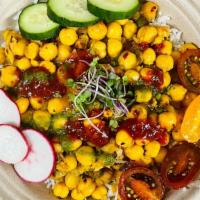 Chana Masala Curry Bowl · Spiced Chickpea Curry (Chana Masala), Basmati Rice, Garden Salad w/ Vegetables & Pepper Masa...