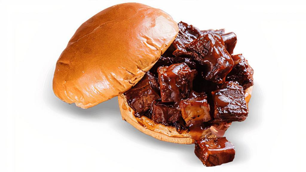 Burnt Ends Sandwich · Tender pieces of Texas Beef Brisket seared and caramelized with Sweet & Zesty® BBQ sauce. . Served with choice of one side and spicy Hell-Fire Pickles.
