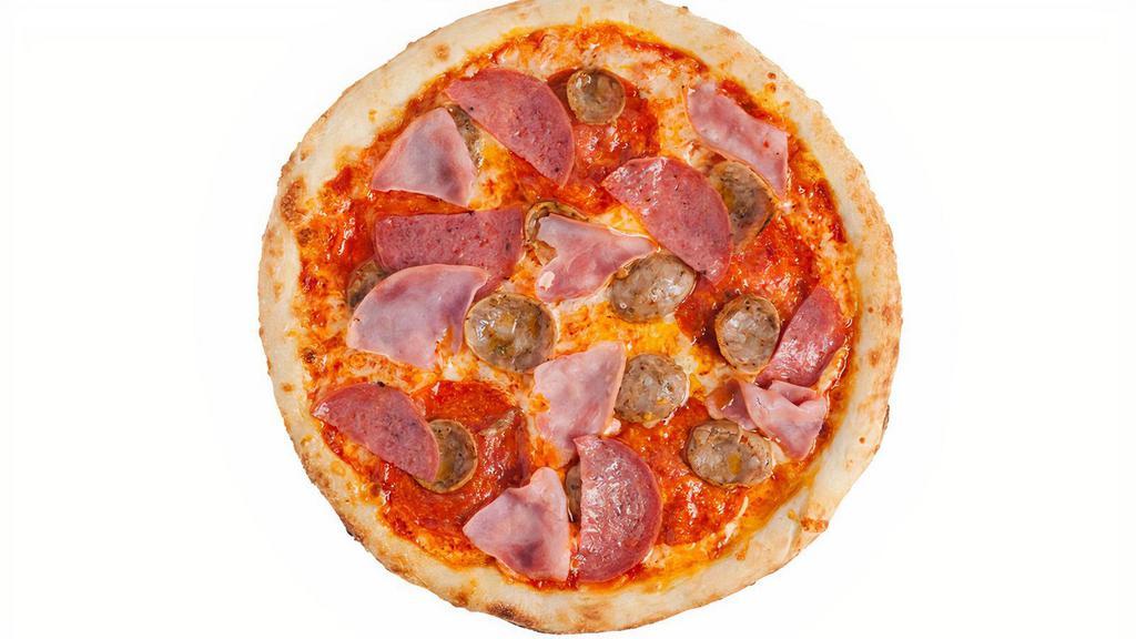 Mamma Meatza · NY pizza sauce, parmesan, mozzarella, pepperoni, sausage, ham, salami