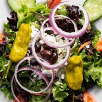 Greek Salad · 12-16 SERVINGS. Cucumbers, Kalamata olives, tomatoes, red onions, pepperoncinis & feta over ...