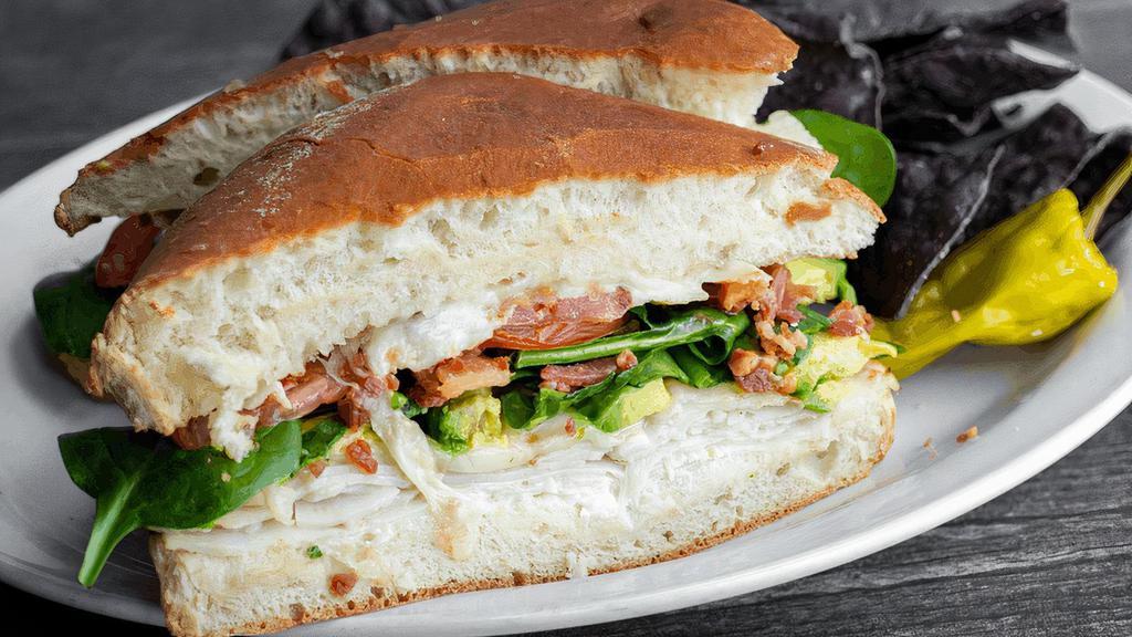Willow Creek Sandwich · 16 SERVINGS.. Smoked turkey, bacon, avocado, tomatoes, spinach, mayo & mozzarella cheese. Served with tortilla chips. (290 cal / serving)