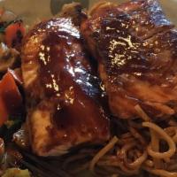 Hibachi Salmon · Salmon filet grilled with teriyaki or garlic butter and fresh squeezed lemon juice. Gluten f...