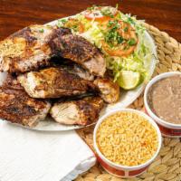 Whole Chicken · with rice, beans, and tortillas.