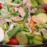 Grilled Chicken Salad (Half) · Grilled chicken salad is served with bell peppers, carrots, cheese, croutons, cucumbers, egg...
