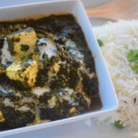 Palak Paneer · Cottage  cheese cooked with spinach and spices in a creamy flavorful sauce. Served with Rice...