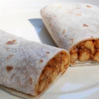Chana Masala Burrito · Delicious marinated chickpeas with basmati rice, diced cucumber and tomato, shredded cabbage...