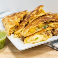 Quesadilla · Favorite. Your choice of meat or veggie, melted cheese on flour tortillas, onions and cilant...